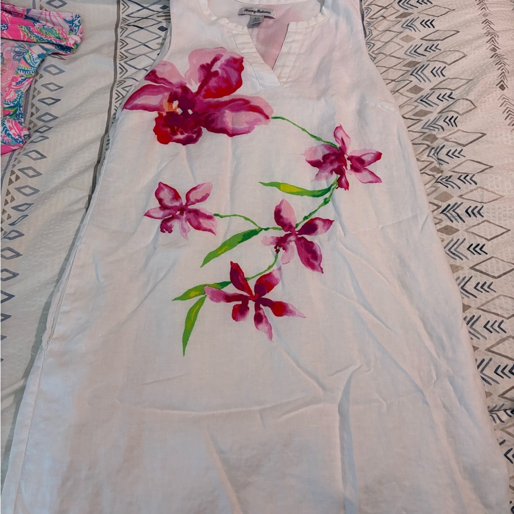 Tommy Bahama White linen dress with pink flowers